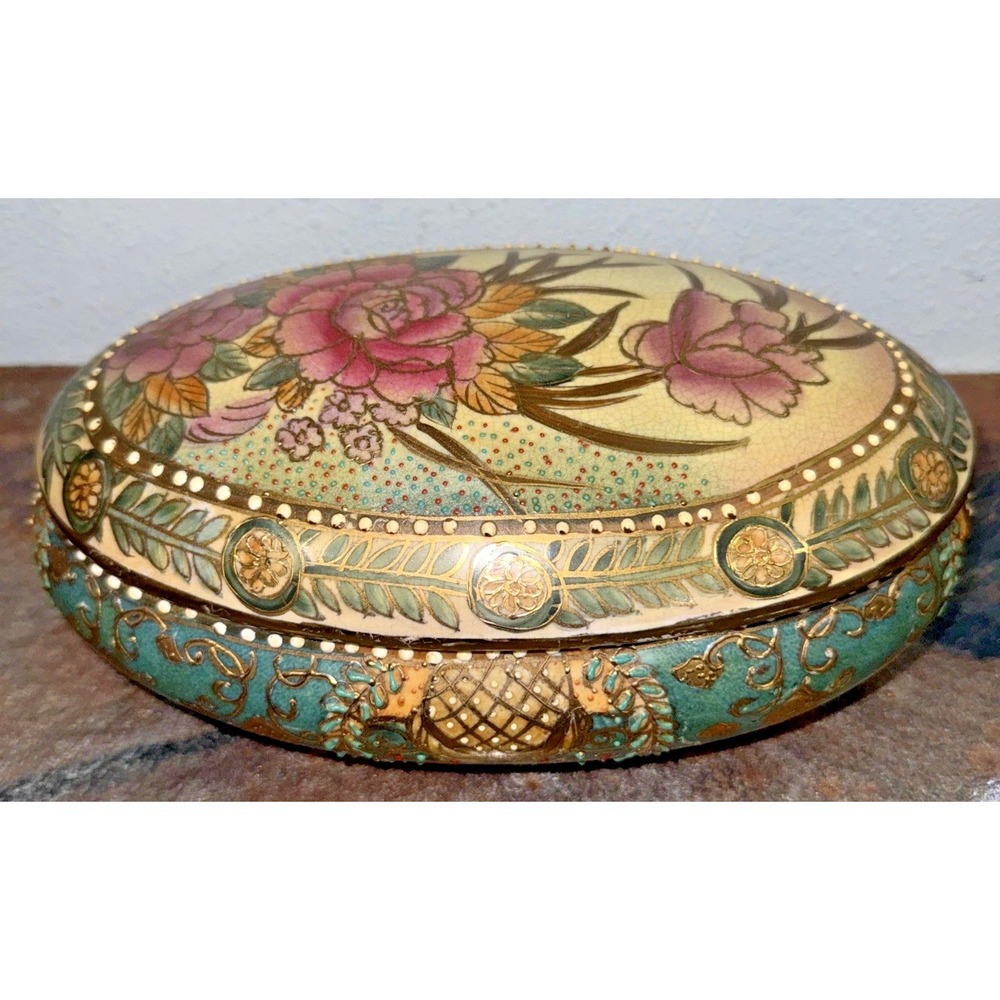 Vintage Hand Painted Floral Trinket Box Oval 10" Jewelry Dish Gold Detail